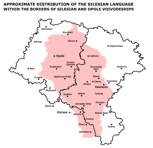 Распространение силезского языка в Силезском и Опольском воеводствах Польши и прилегающих территориях Чехии